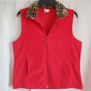 Red Cheetah Print Faux Fur Collar Trim Vest